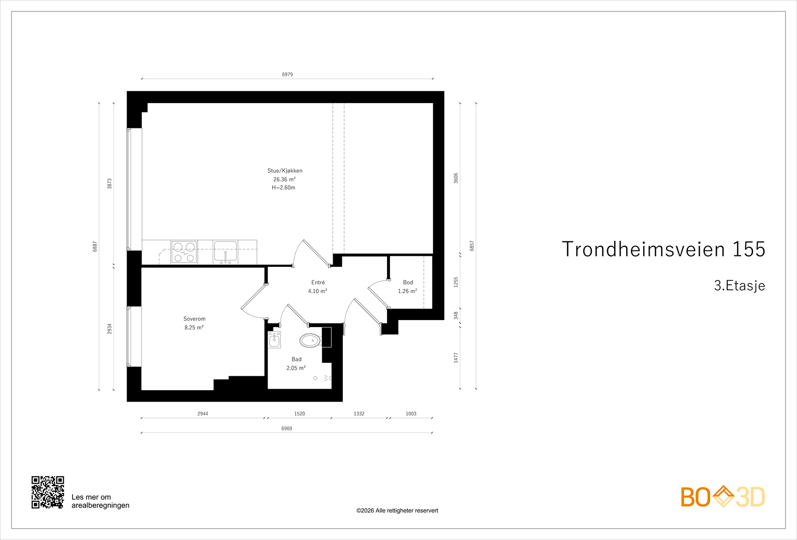 Leiligheten på 44 m² har en arealeffektiv planløsning med entré, bad, soverom og åpen stue/kjøkkenløsning. Galleribilde