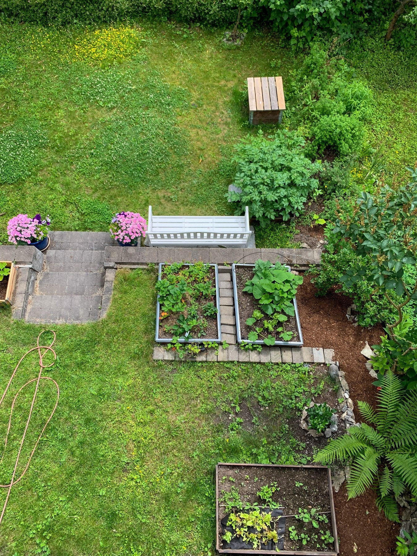 omten rundt denne boligen er skrånende, med planert nivå på baksiden som er skjermet og fredelig - opparbeidet med grøntarealer og bl.a. rips-, solbær og bringebærbusker samt flere pallekasser der det er mulig å dyrke grønnsaker. Galleribilde