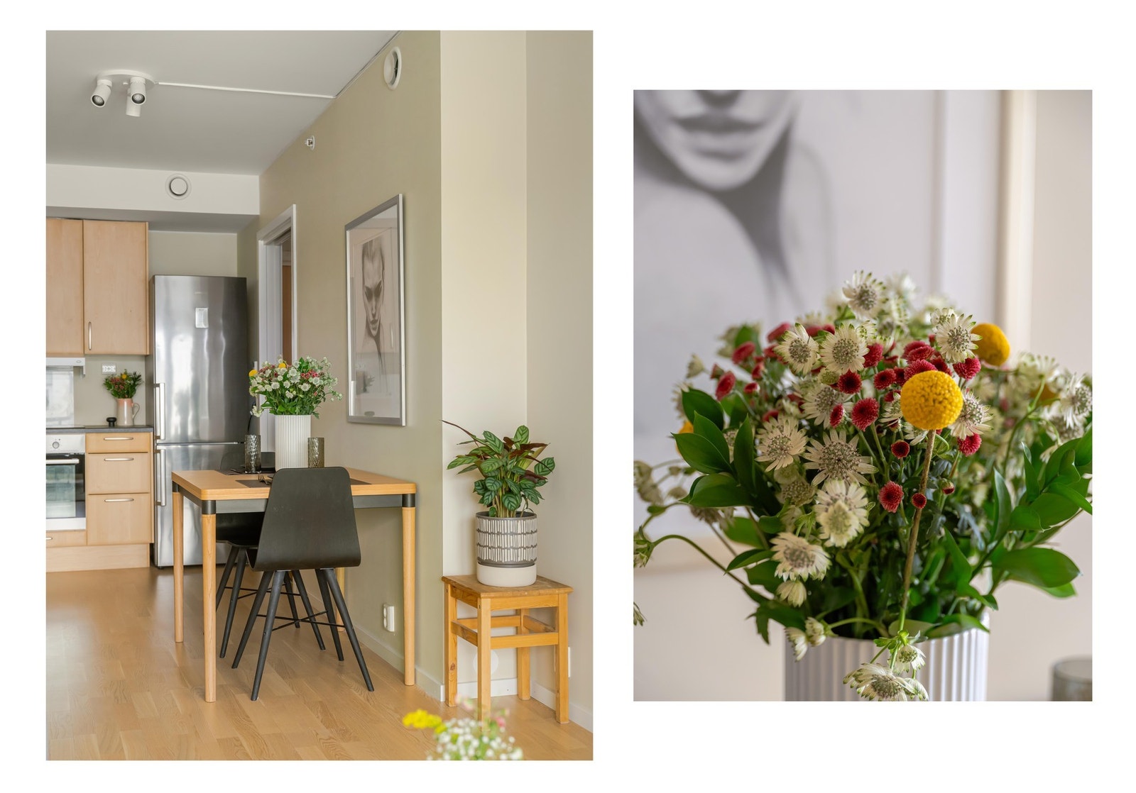 Det er plass til et hyggelig spisebord mellom stuen og kjøkkenet. Galleribilde