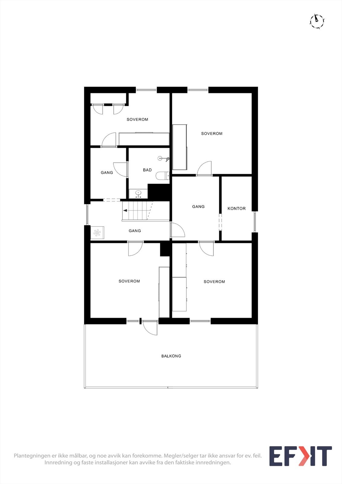 Andre etasje er en innholdsrik soveavdeling med fire soverom, kontor og utgang til balkong. Galleribilde