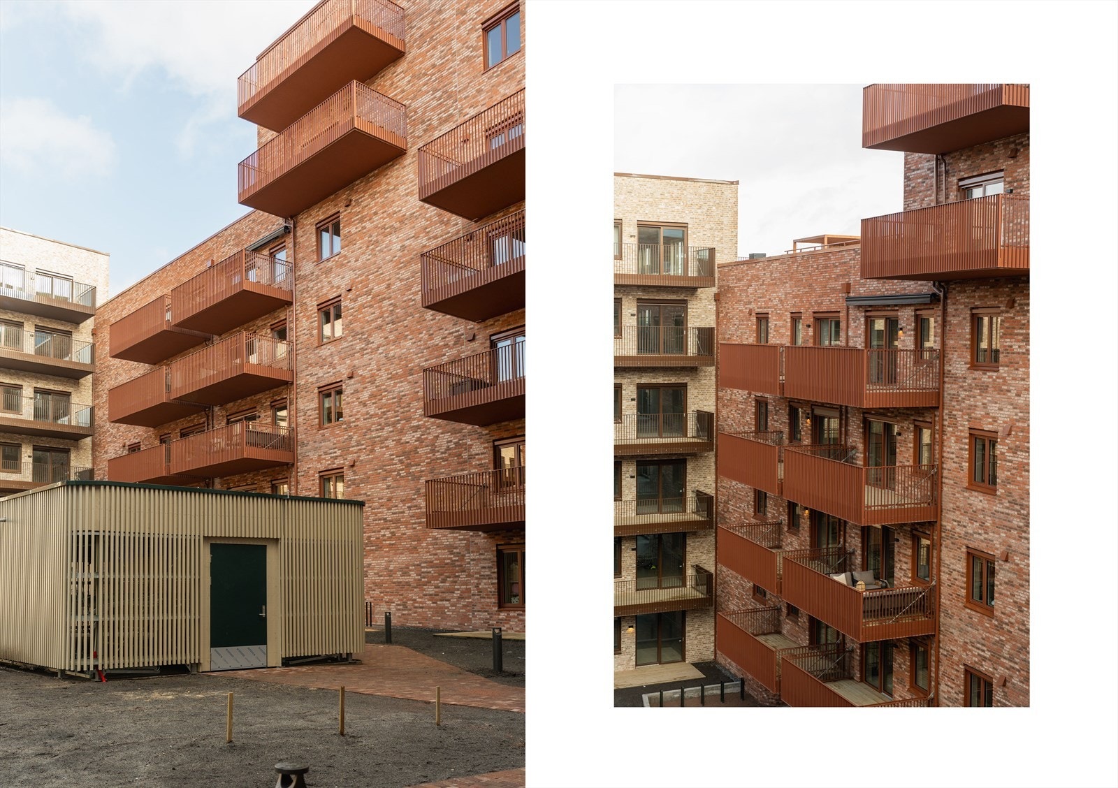 Ute blir det frodig bakgård med gressplen og prydbusker. Det er felles sykkelparkering i gårdsrommet. Galleribilde