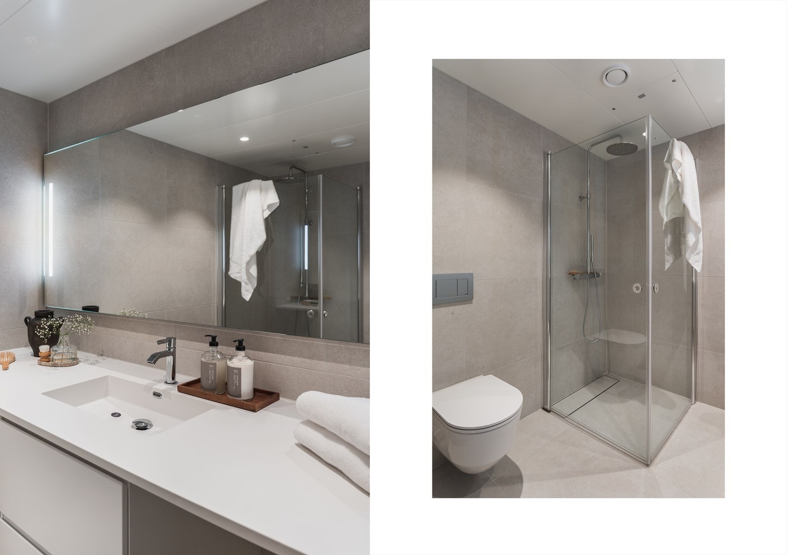 Bad 1 v/entrè - Et romslig og elegant hovedbad. God benkeplass og lagringsmuligheter. Galleribilde