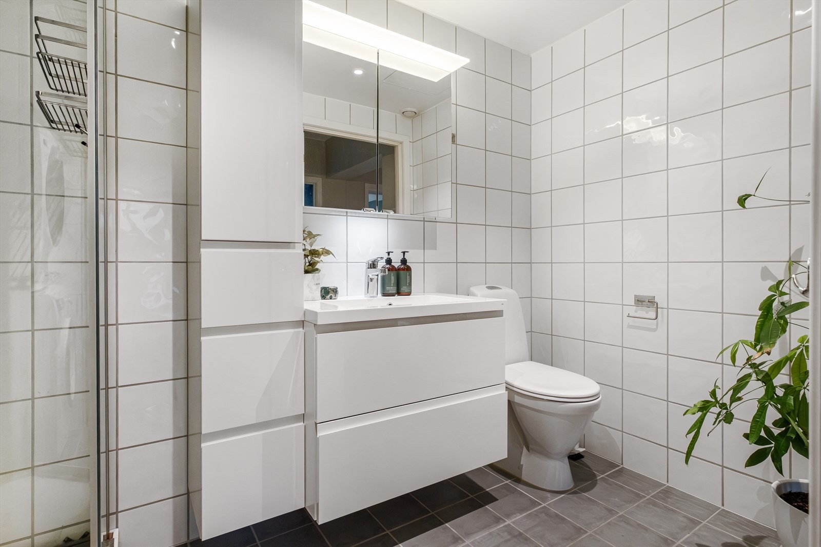 Innredet med dusjkabinett, wc og opplegg for vaskemaskin Galleribilde