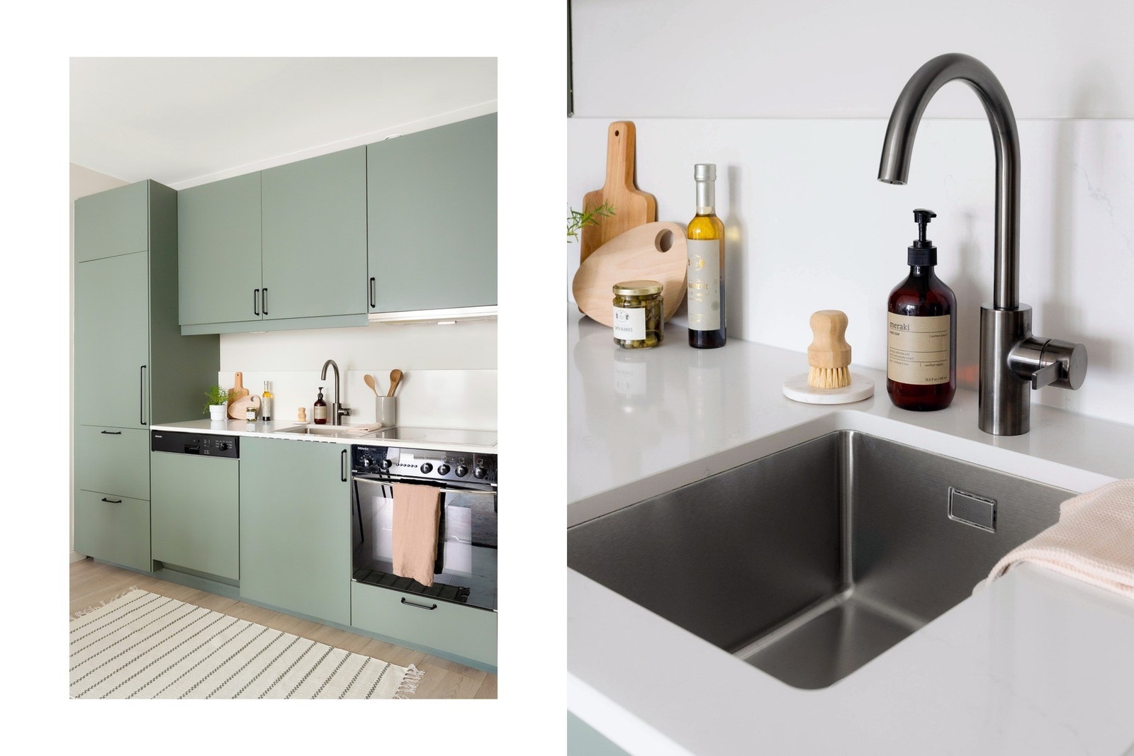 Kjøkkenet har glatte fronter og lekker benkeplate i stein. Galleribilde