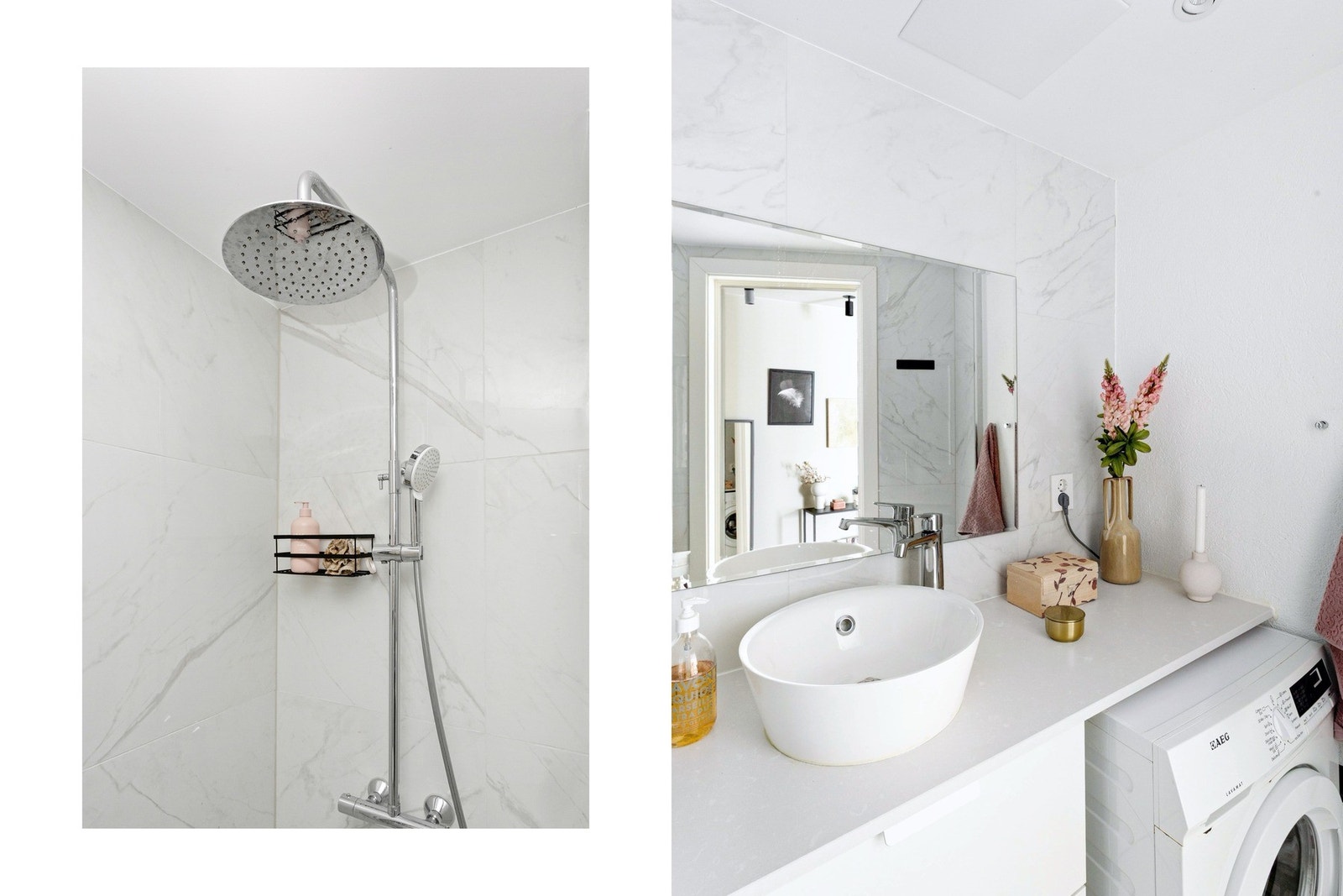 Detaljbilde fra bad med servantbolle på benk og regnfallsdusj. Galleribilde