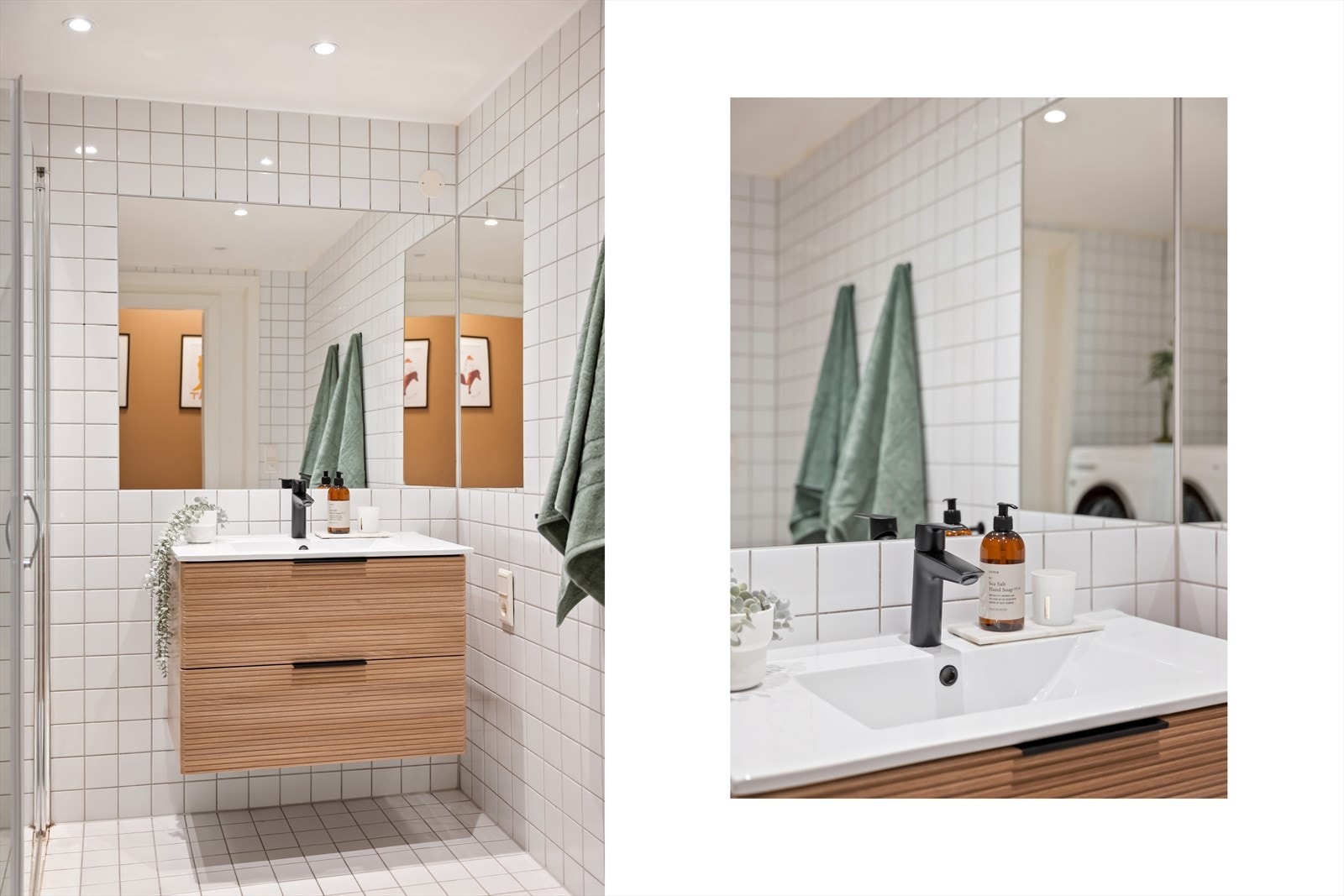 Leiligheten har et moderne og delikat bad fra 2009. I himlingen er det spotter som gir god belysning, og i gulvet er det elektriske varmekabler. Galleribilde