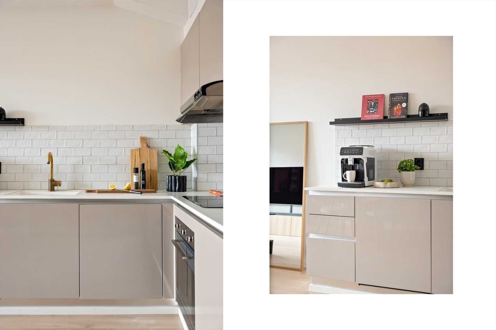 Leiligheten har et praktisk kjøkken i L-form med glatte fronter og gir et helhetlig uttrykk. Galleribilde