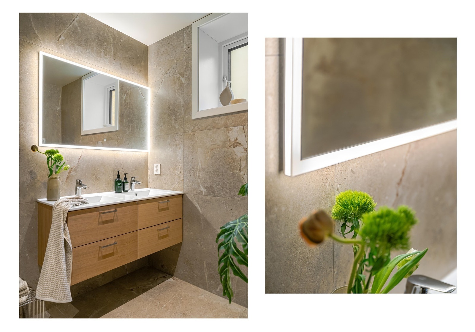 Badet er meget innbydende og delikat. Det er tydelig lagt vekt på eksklusive materialvalg og gode innredningsløsninger. Galleribilde