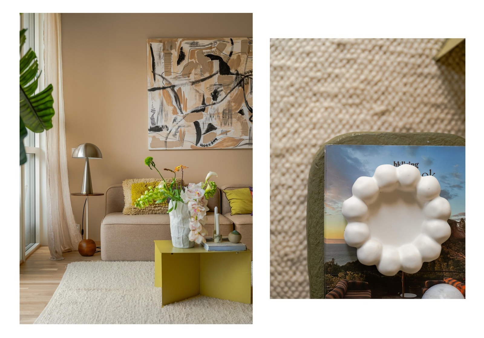 Stuen har god plass til en større sofagruppe og salongbord. Overflater er for øvrig malt i duse fargetoner. Galleribilde