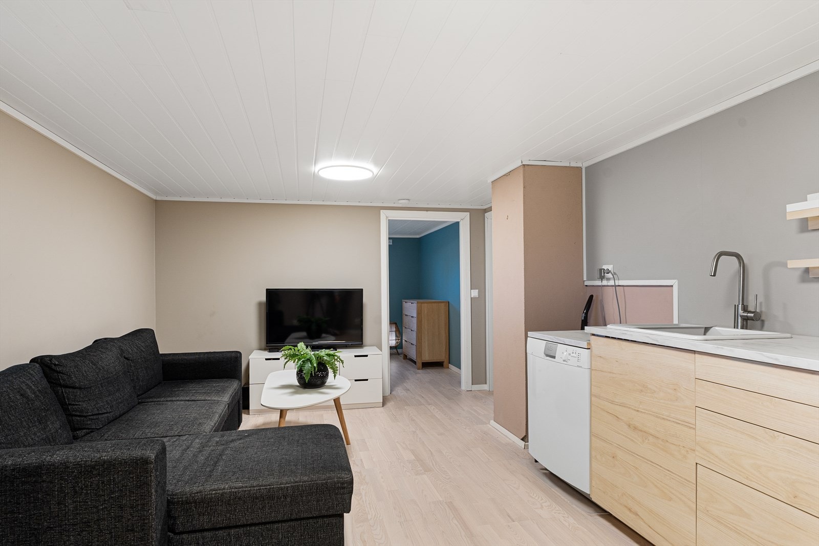 Romslig stue/kjøkken med plass til sofagruppe og tv-møblement Galleribilde