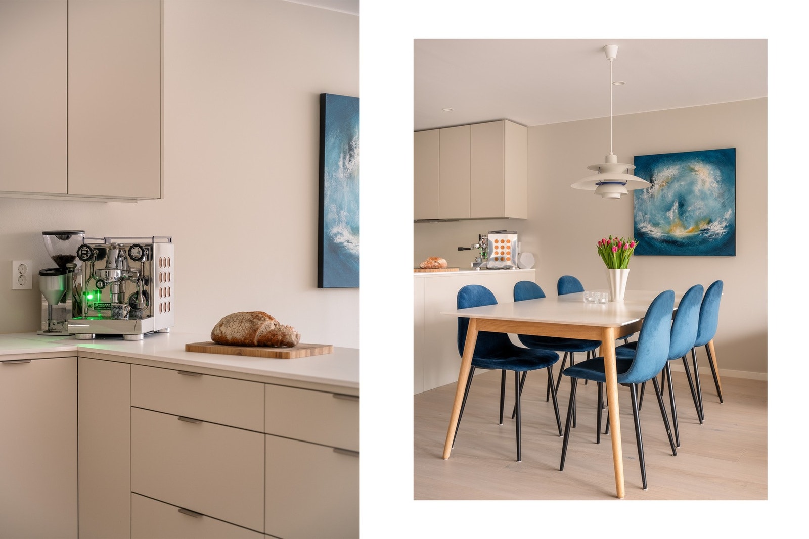 Innredningen har rikelig med oppbevaringsplass i både skuffer og skap, samt gode arbeidsflater på benken som gjør matlagingen enkel og oversiktlig. Galleribilde