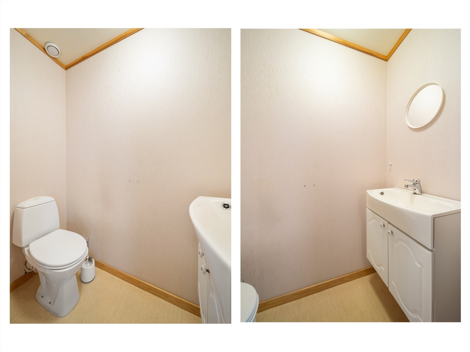 Praktisk wc rom som er enkelt innredet med toalett og vask med skap. Galleribilde