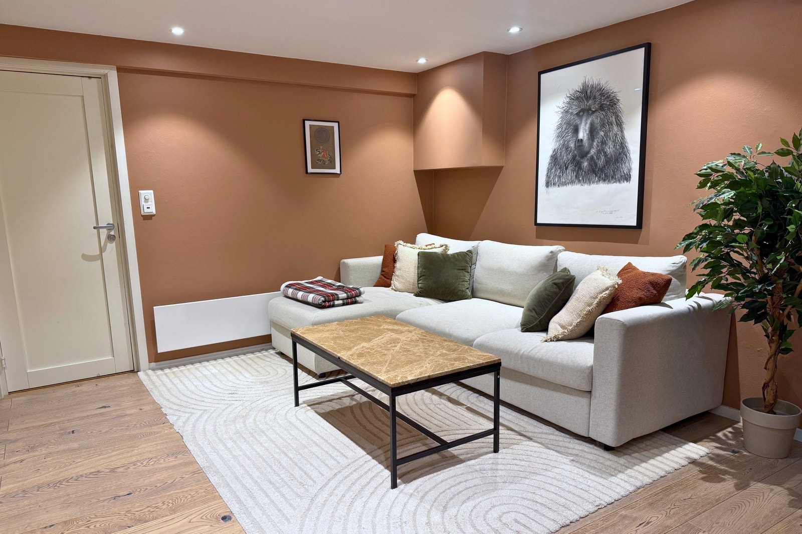 Romslig kjellerstue med god plass til stor sofagruppe. Galleribilde