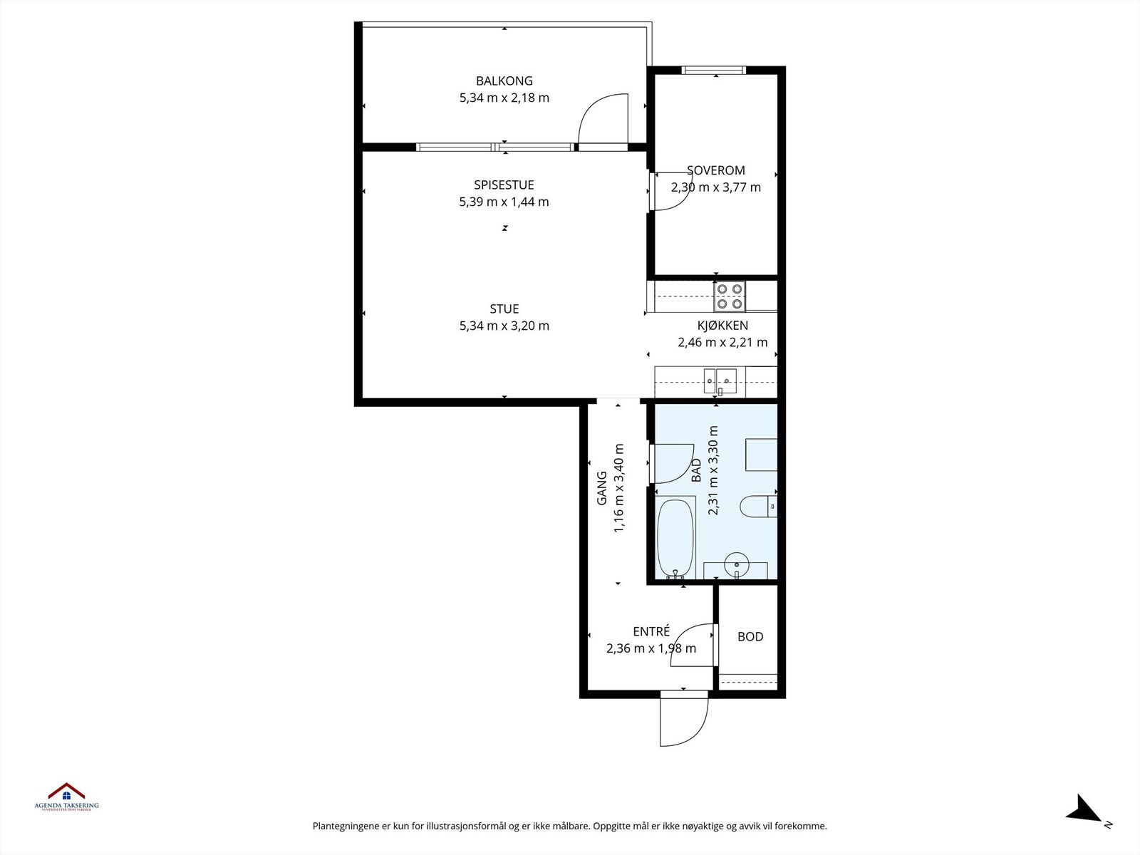 Leiligheten har en arealeffektiv planløsning på 59 m² som gir en god romfølelse Galleribilde