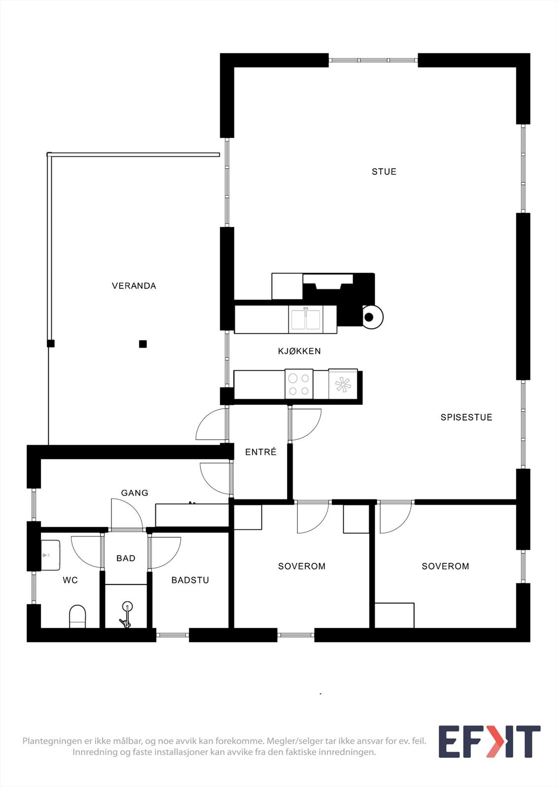 Plantegningen for hovedbygget viser en arealeffektiv planløsning med stue, kjøkken, to soverom og bad. Galleribilde