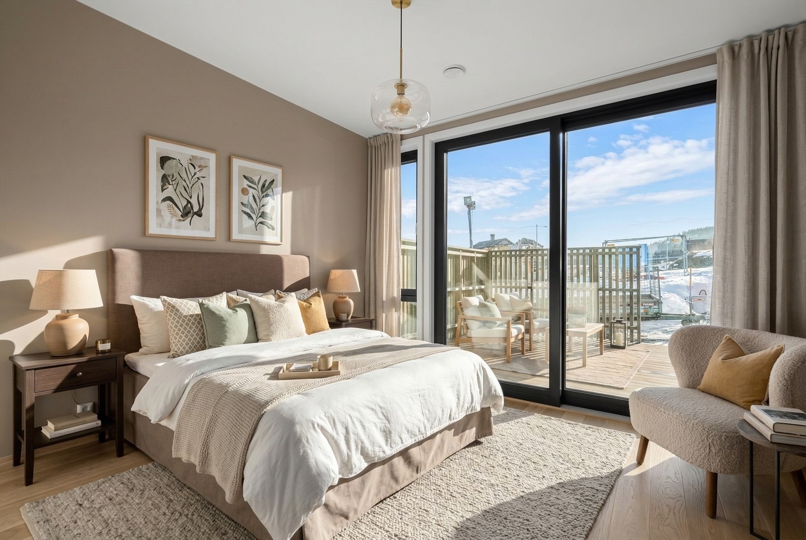 Soverom med skyvedør ut til terrasse - 3D illustrajsonsbilde Galleribilde