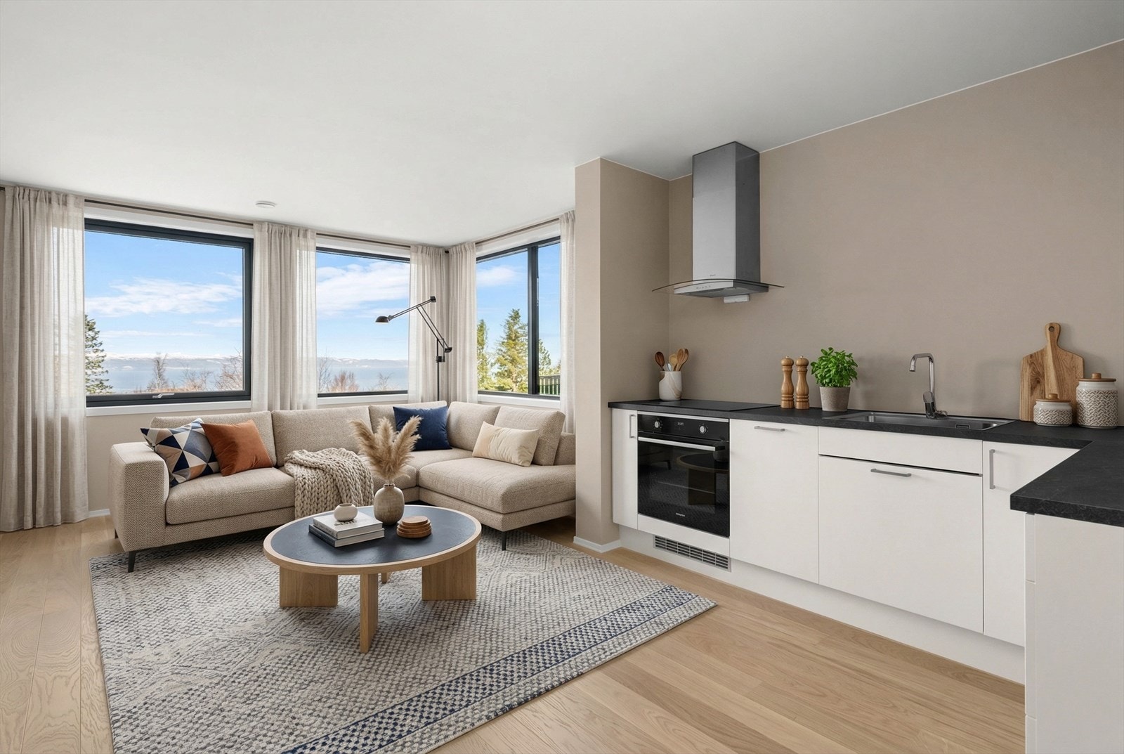 Fantastisk flott ungdsomsavdeling eller hybelleilighet - 3D illustrasjonsbilde. Stekeovn er ikke integrert som vist på bilde. Det er frittstående stekeovn og kombiskap kjøl/frys som vil medfølger handelen Galleribilde