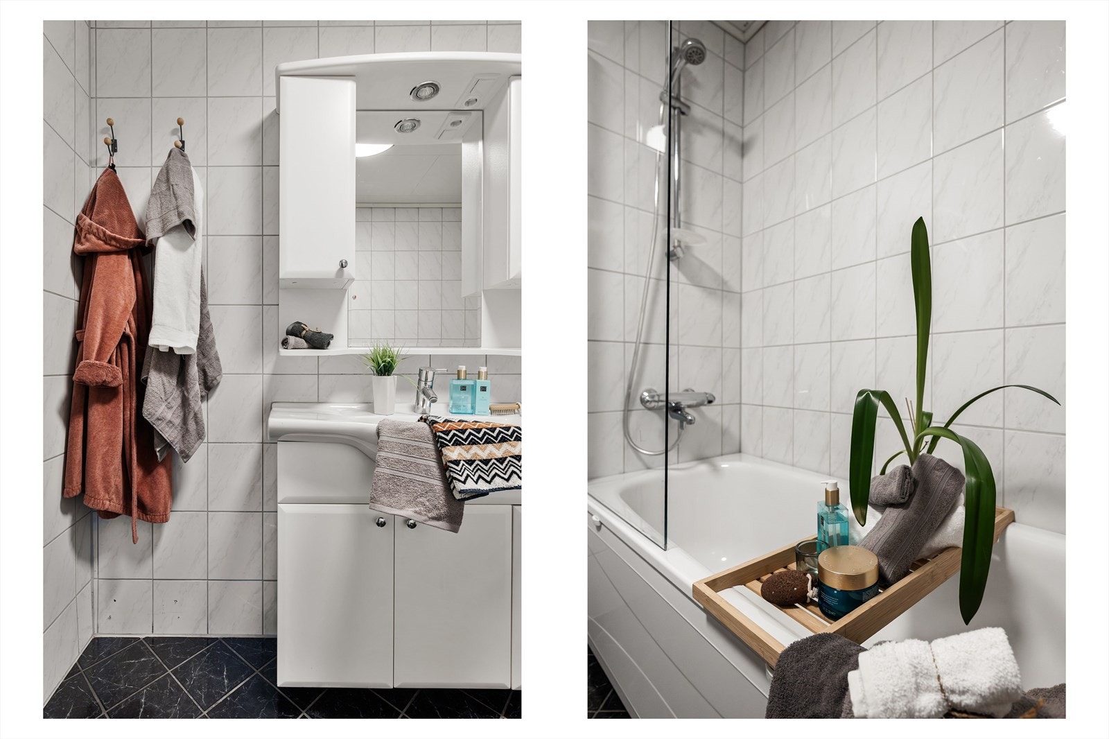 Flislagt baderom/wc - Varmekabler i gulv - Badekar m/dusj Galleribilde