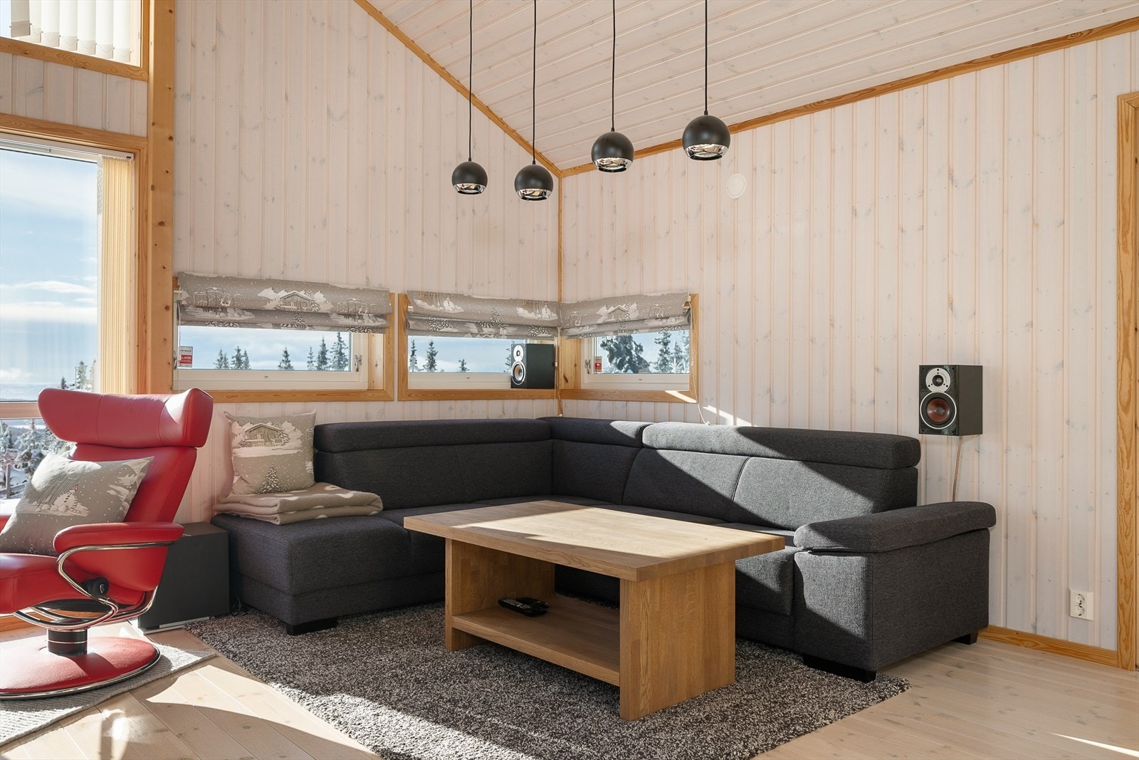 Gjennomgående bruk av behandlet trepanel på vegger og i himling skaper en helhetlig og lun atmosfære. Galleribilde