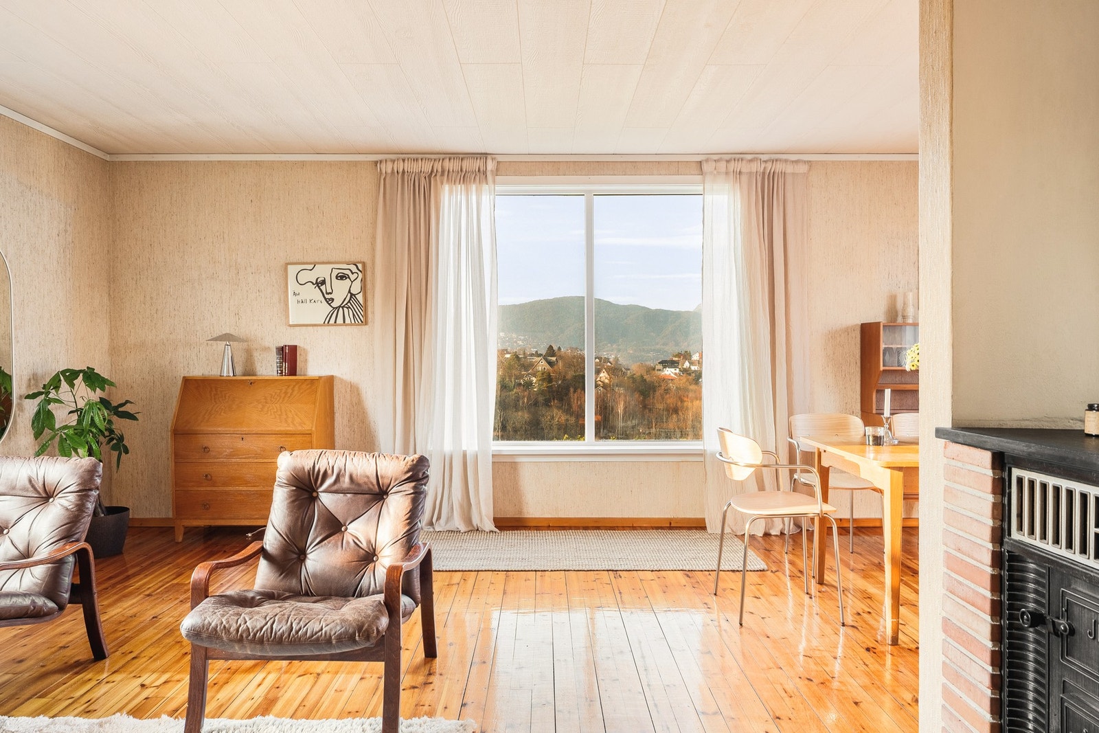 Boligen har både vedovn og luft til luft varmepumpe for oppvarming. Galleribilde