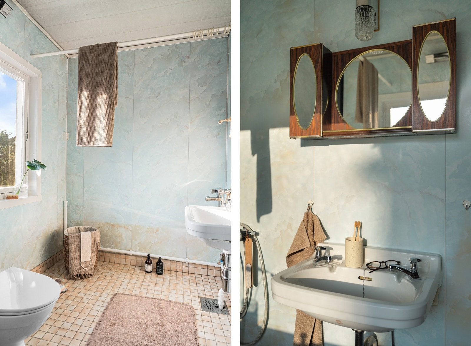 Badet er innredet med dusj, servant og toalett. Galleribilde