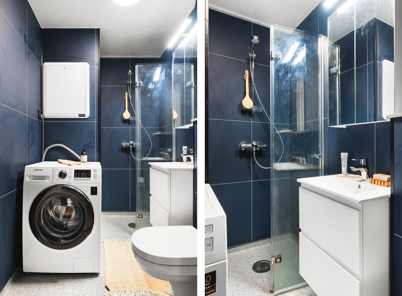 Det er innredet med vegghengt toalett, dusjhjørne og baderomsmøbel med speil og belysning. Det er også opplegg for vaskemaskin og plass til tørketrommel i tårn. Galleribilde