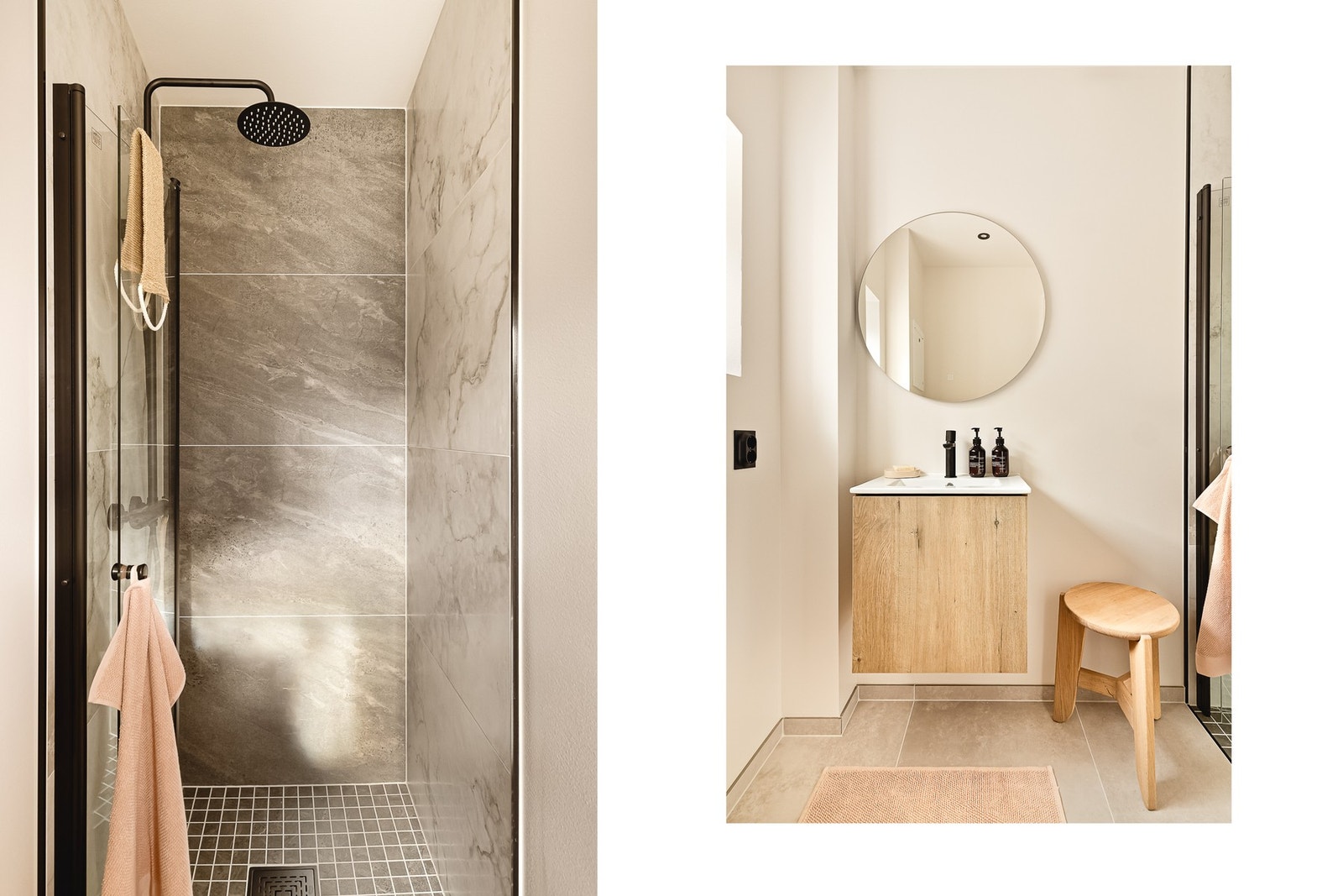 Badet har en stilren innredning med vegghengt toalett, helstøpt servant, skap under servant med slette fronter og dusjdører i klart glass. Galleribilde