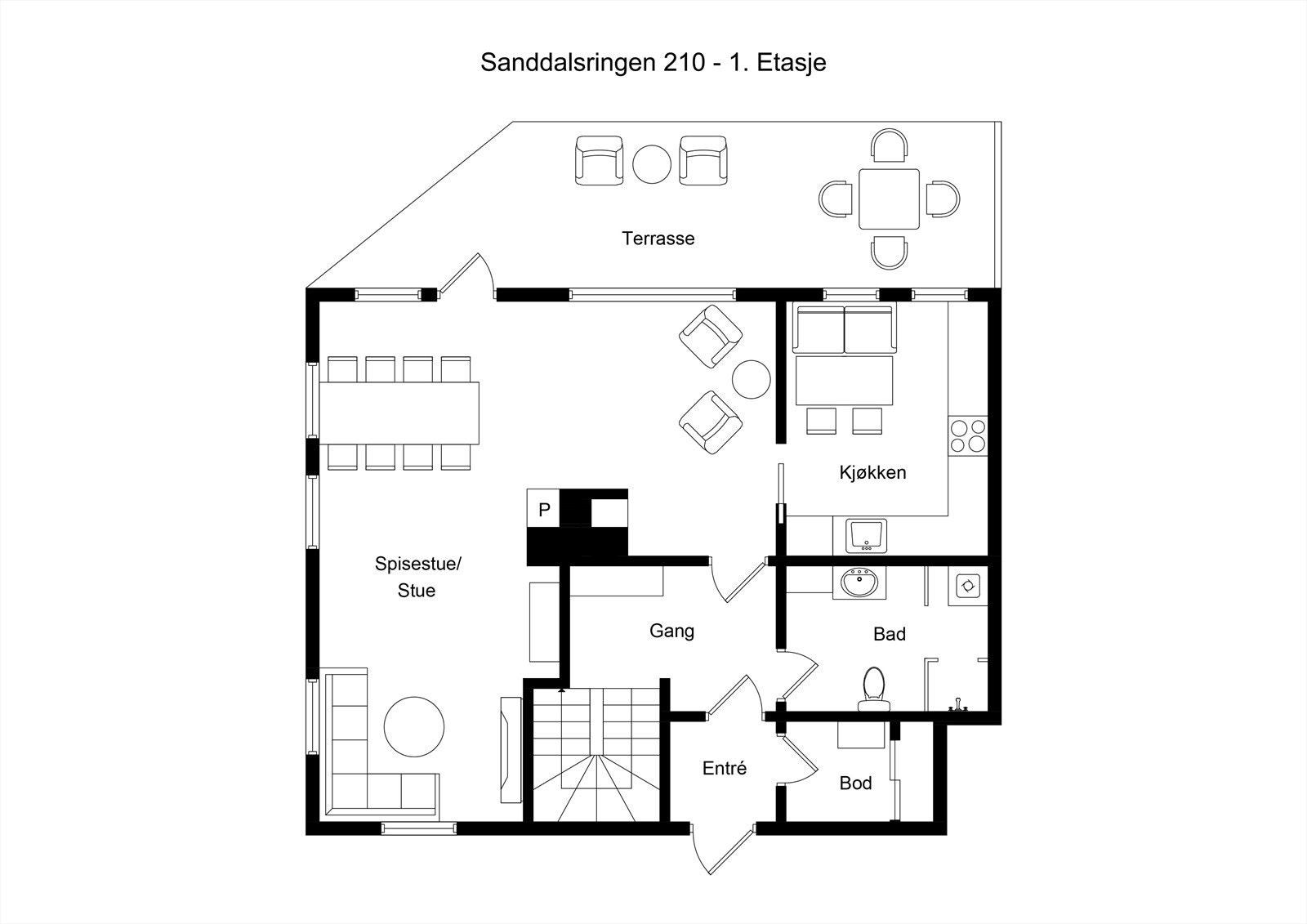 Planløsning 1. etasje (Opprinnelig var det også et soverom der sofa er plassert - livsløpsstandard) Galleribilde
