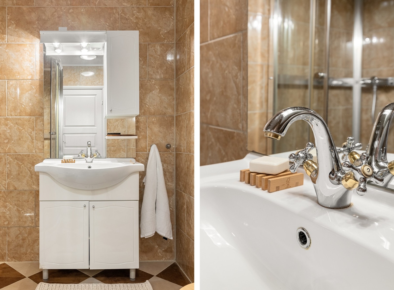 Det er innredet med vegghengt toalett, dusjkabinett og baderomsmøblement med speil og belysning. Det er også opplegg for vaskemaskin. Galleribilde