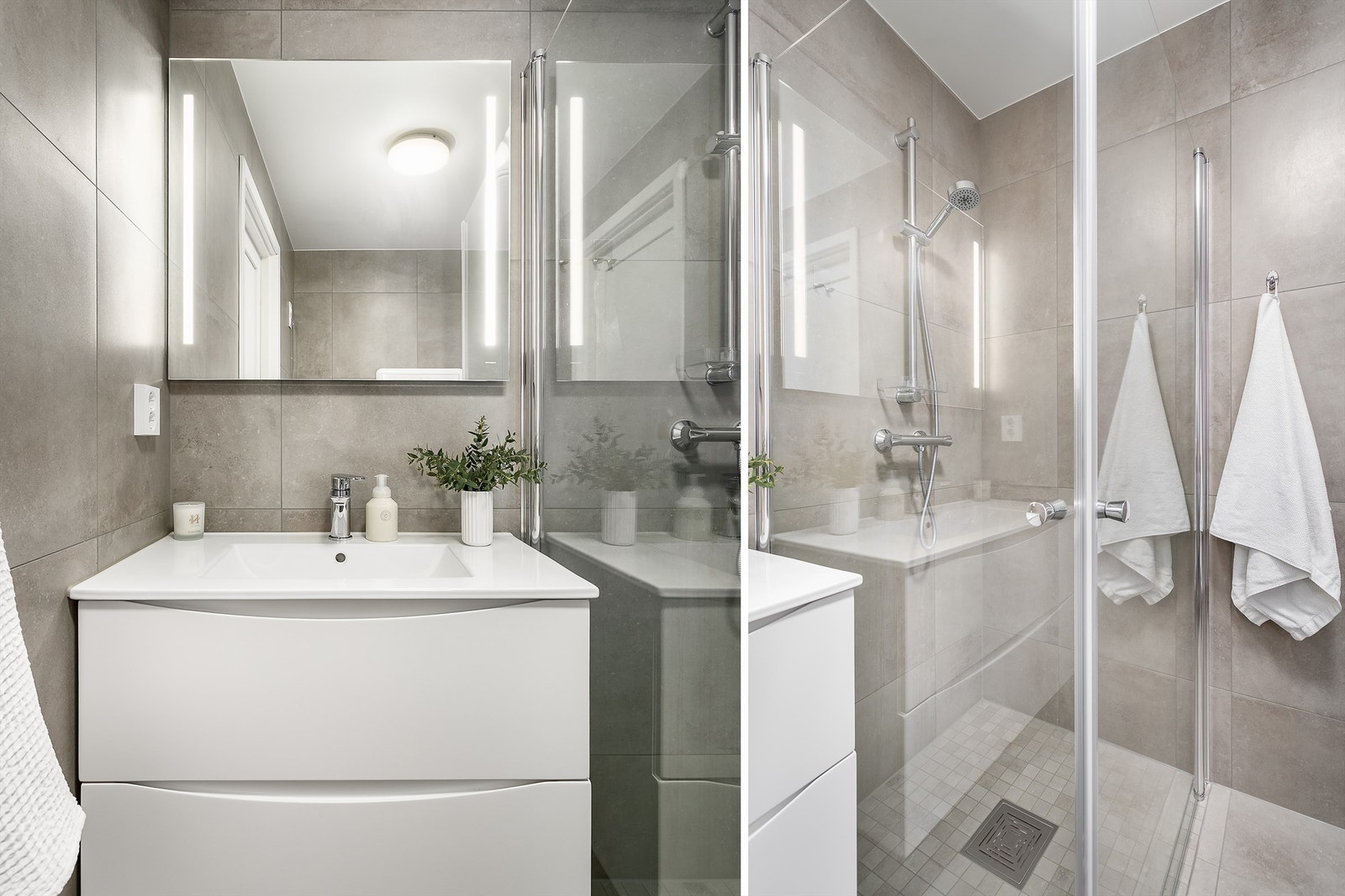 Like fliser av storformat på både veggene og gulvet utenom dusjsonen gir badet et helhetlig uttrykk. I gulvet er det også varme. Galleribilde