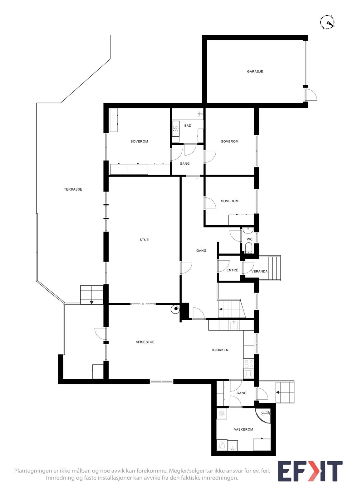 Første etasje har en tradisjonell og funksjonell planløsning med tre soverom, stue, kjøkken og vaskerom/bad, bad og separat toalettrom. Galleribilde