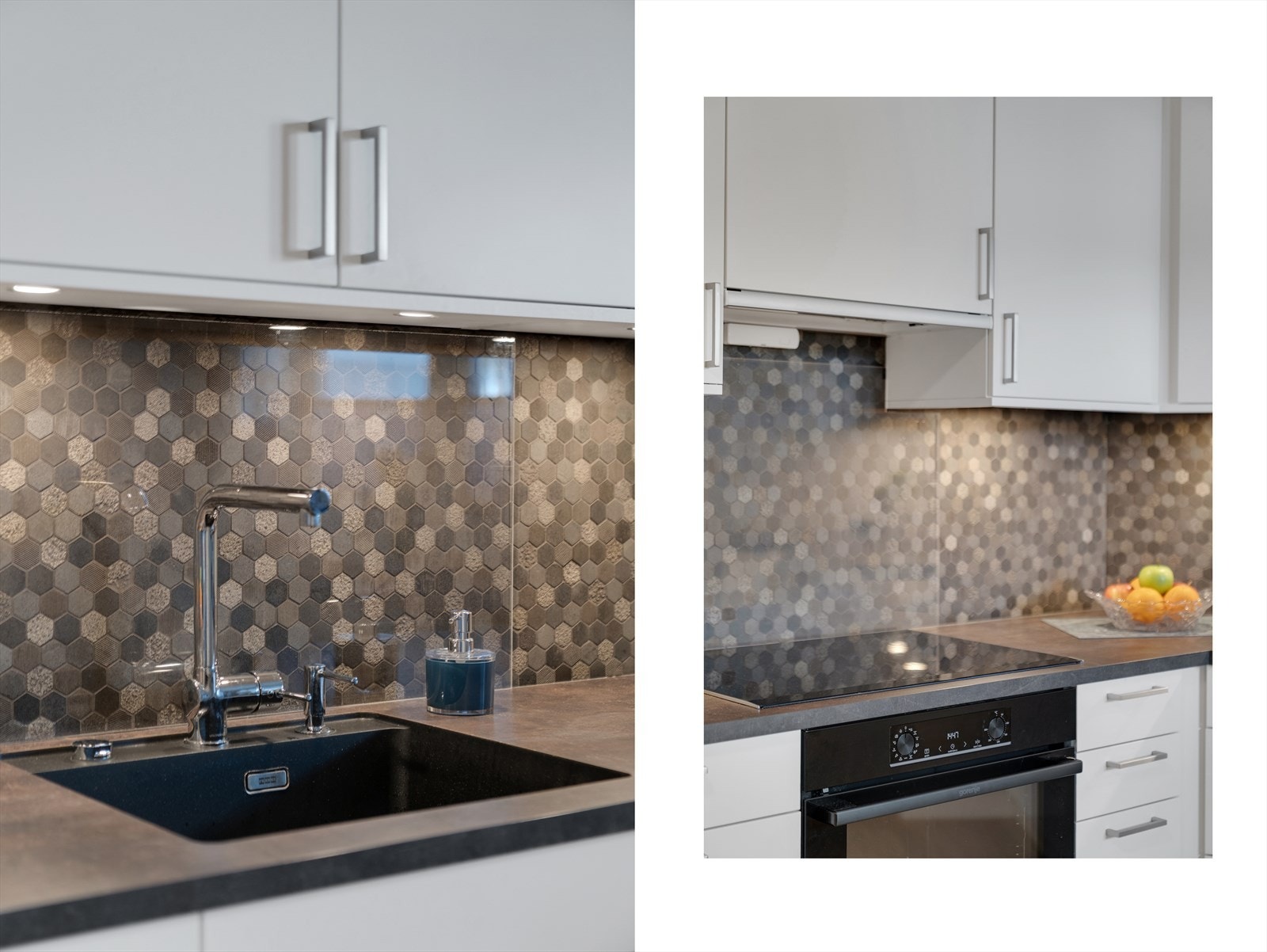 Integrert komfyr og platetopp. Glassplate bak servant og platetopp sikrer enkel rengjøring. Galleribilde