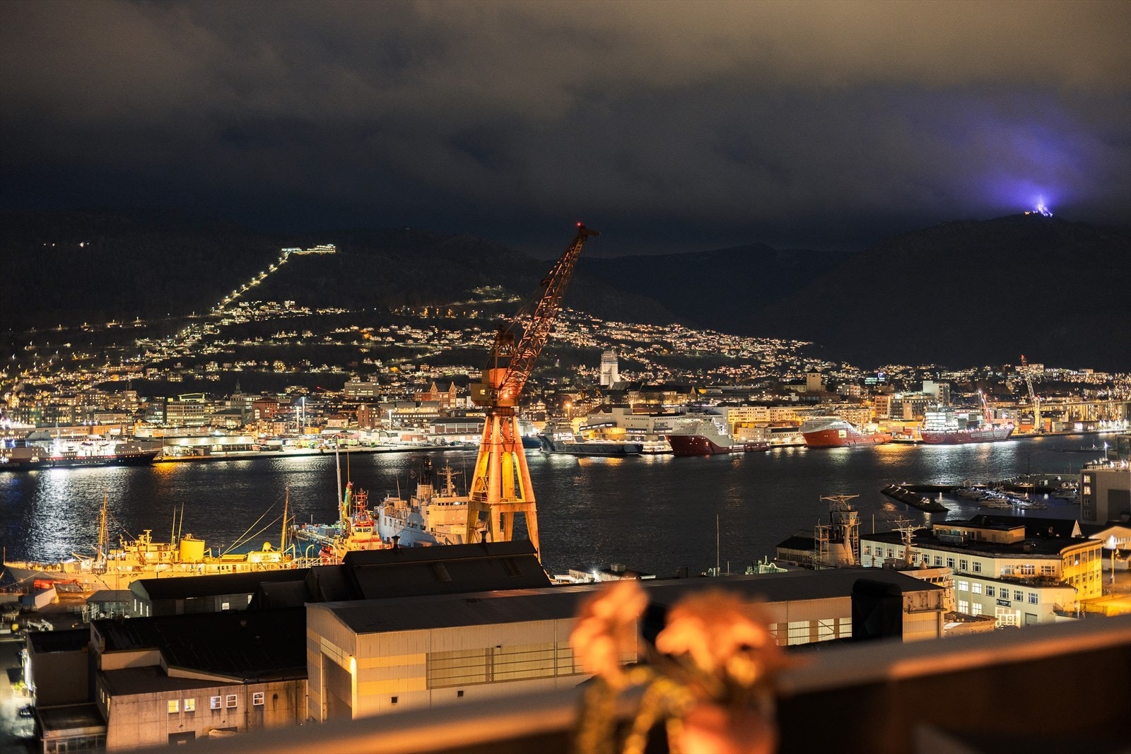 Den ikoniske Laksevåg kranen sees fra altanen. Galleribilde