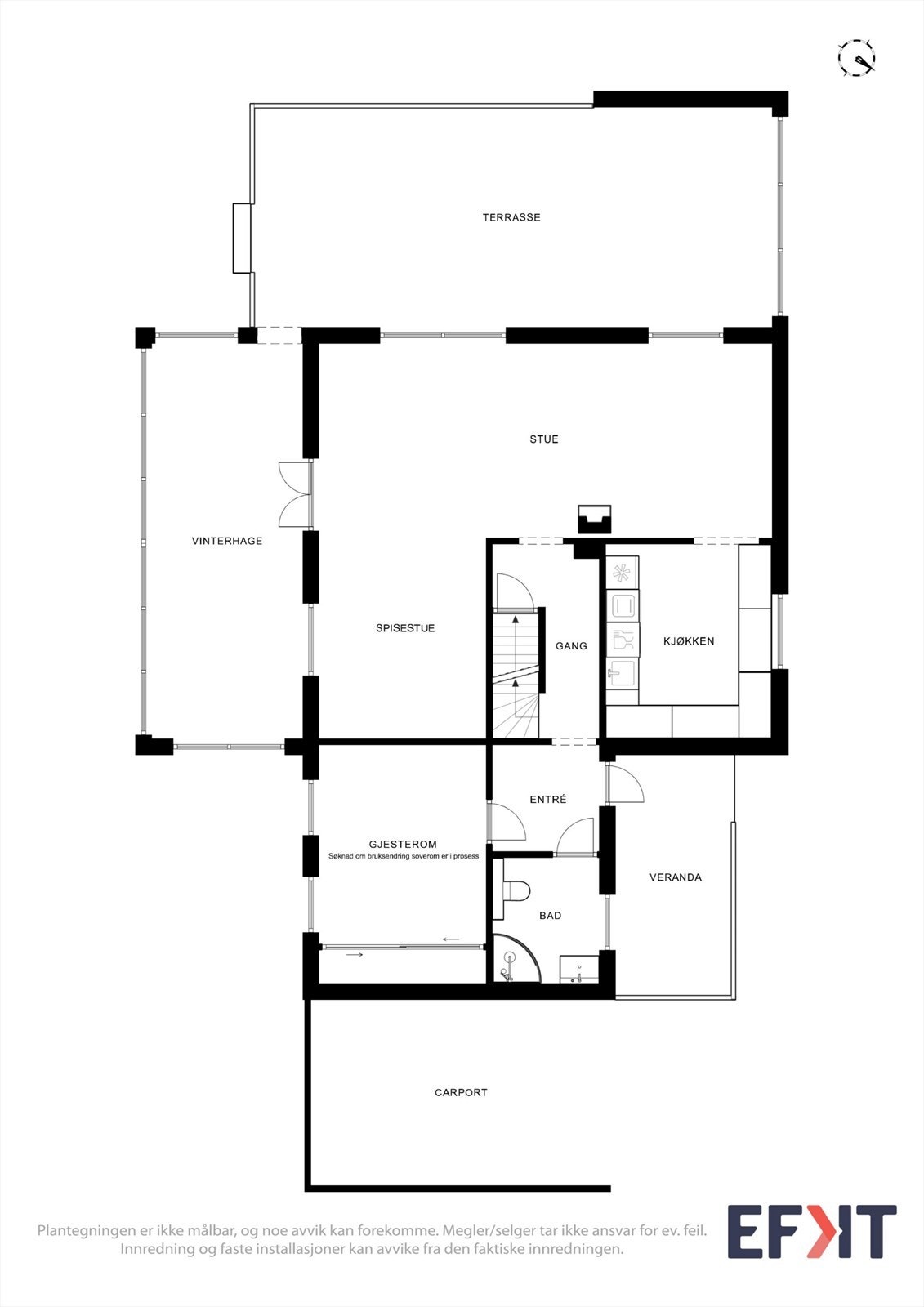 Første etasje rommer entré, stue, kjøkken, bad og et gjesterom(omsøkes nå ti soverom), i tillegg til en innglasset terrasse. Galleribilde