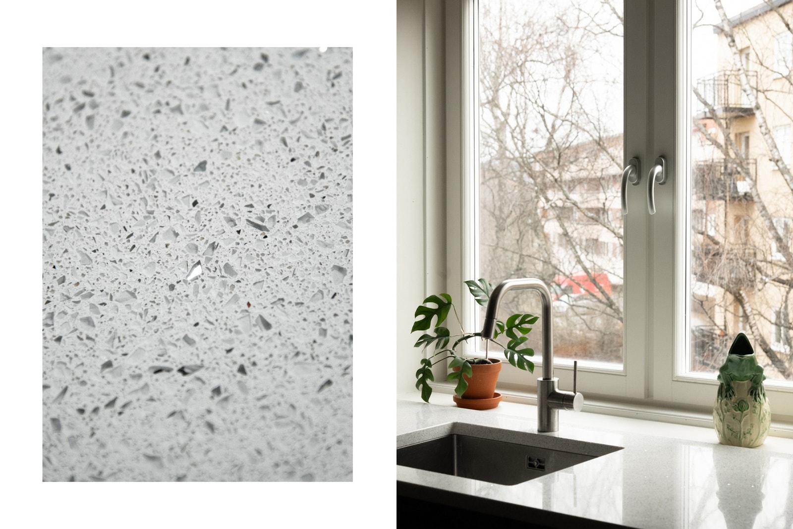 Eksklusive benkeplater i stein fra Nerostein med underlimt oppvaskkum og ett-greps armatur, plassert foran vindu med hyggelig utsyn. Galleribilde