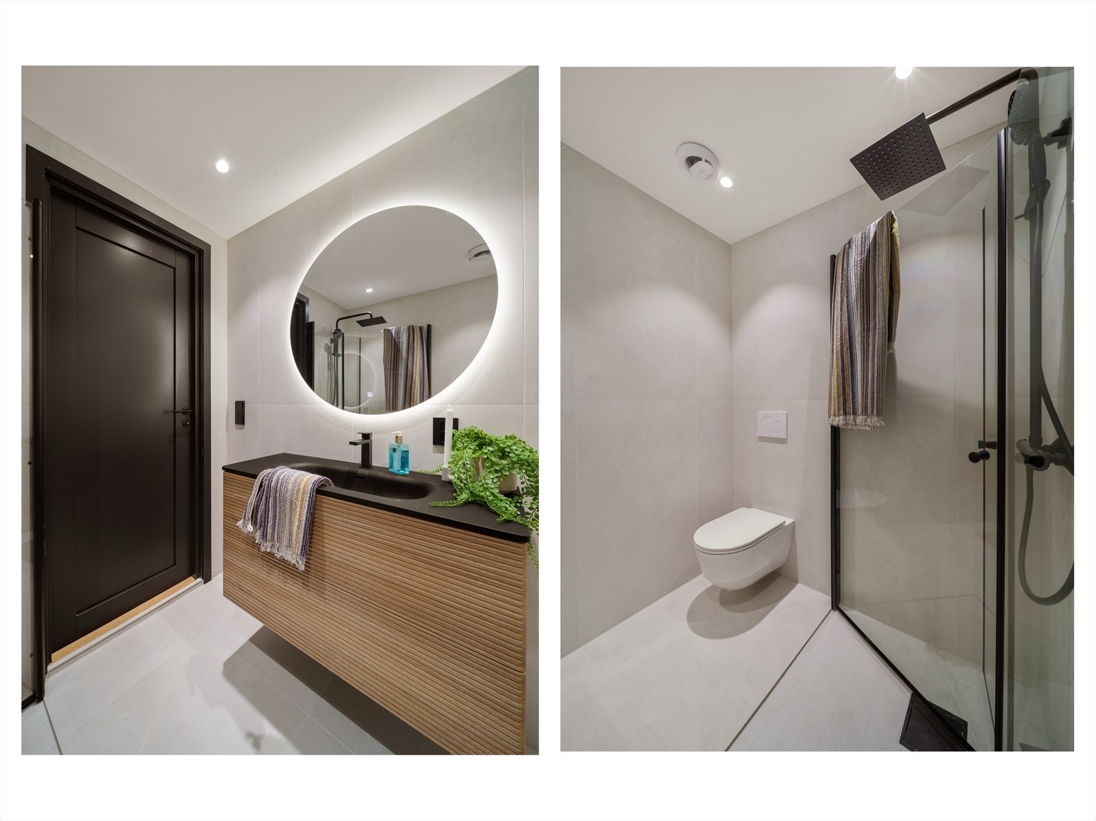 Badet er utstyrt med innredning med nedfelt servant og underskap, speil med integrert belysning, veggmontert toalett og dusjhjørne med glassvegger. Galleribilde