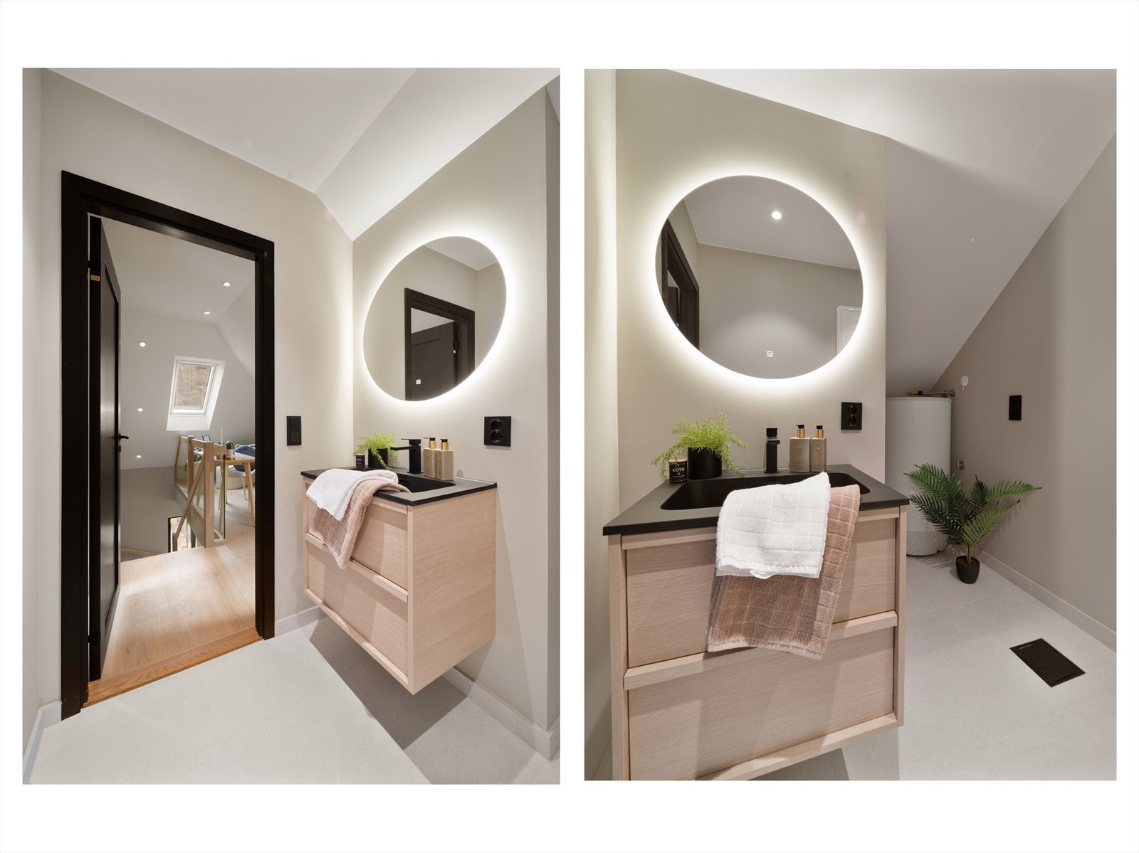 Gulvet har keramiske fliser med varmekabler og sokkelflis. Galleribilde