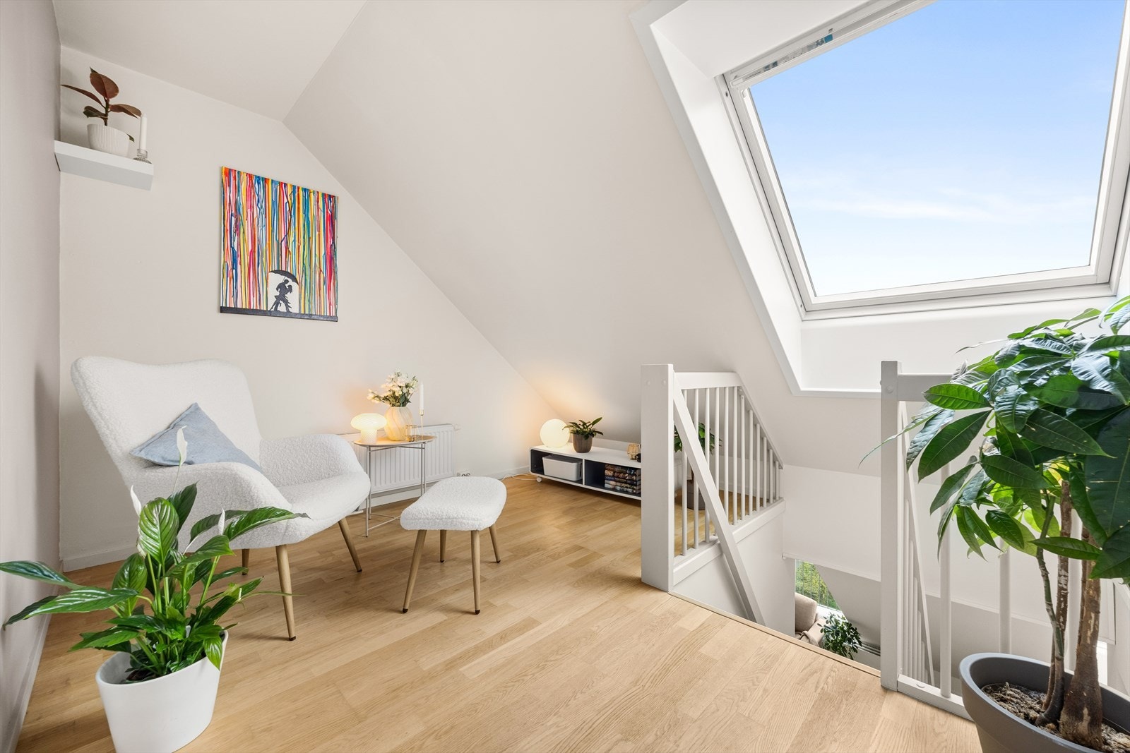 Loftstue som også har vært benyttet som TV-stue, hvorpå Tv'en har stått under skråtaket og sofaen langs veggen til venstre i bildet Galleribilde