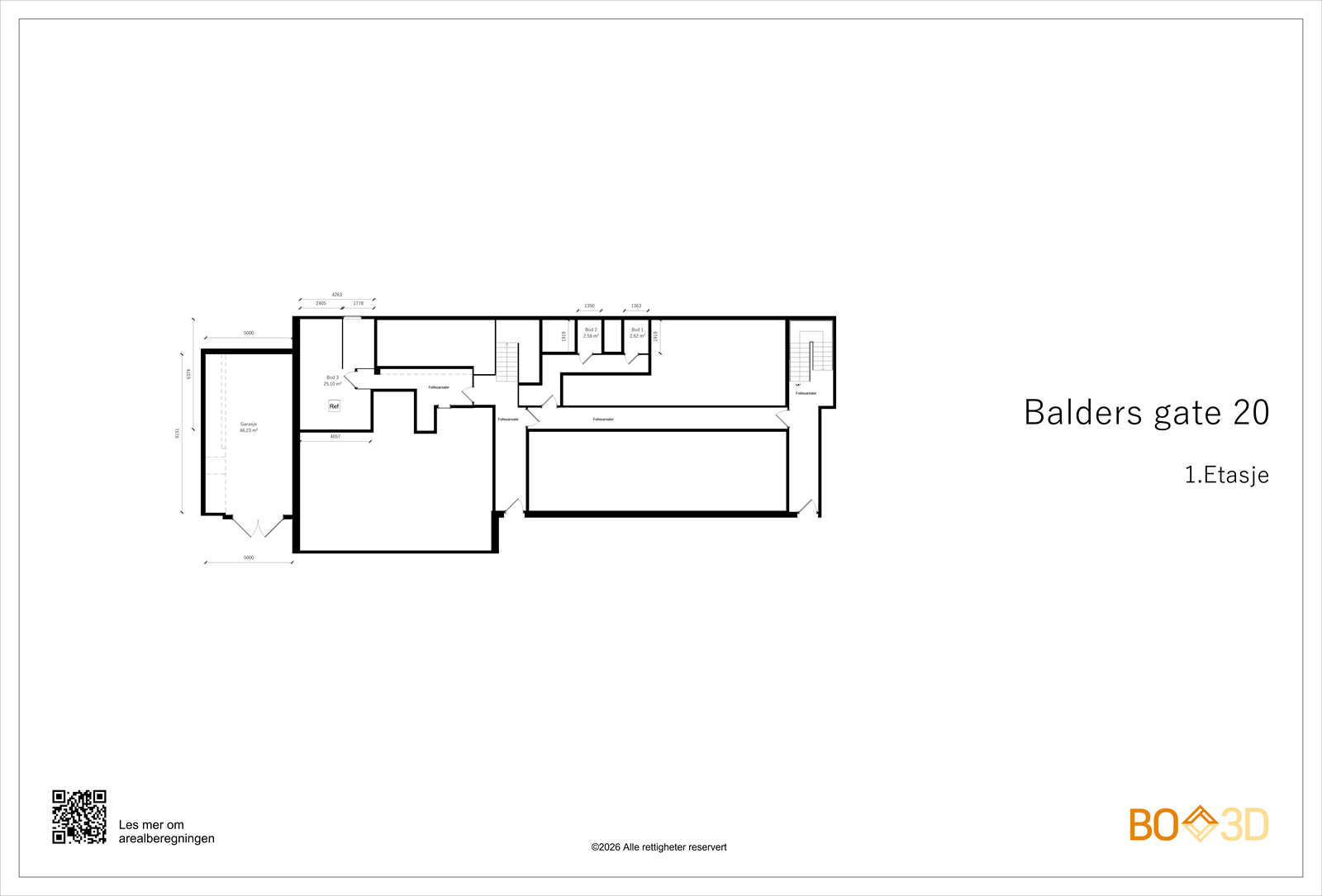 Plantegning. Leiligheten disponerer tre boder i 1. etasje på til sammen 76 kvm. Galleribilde