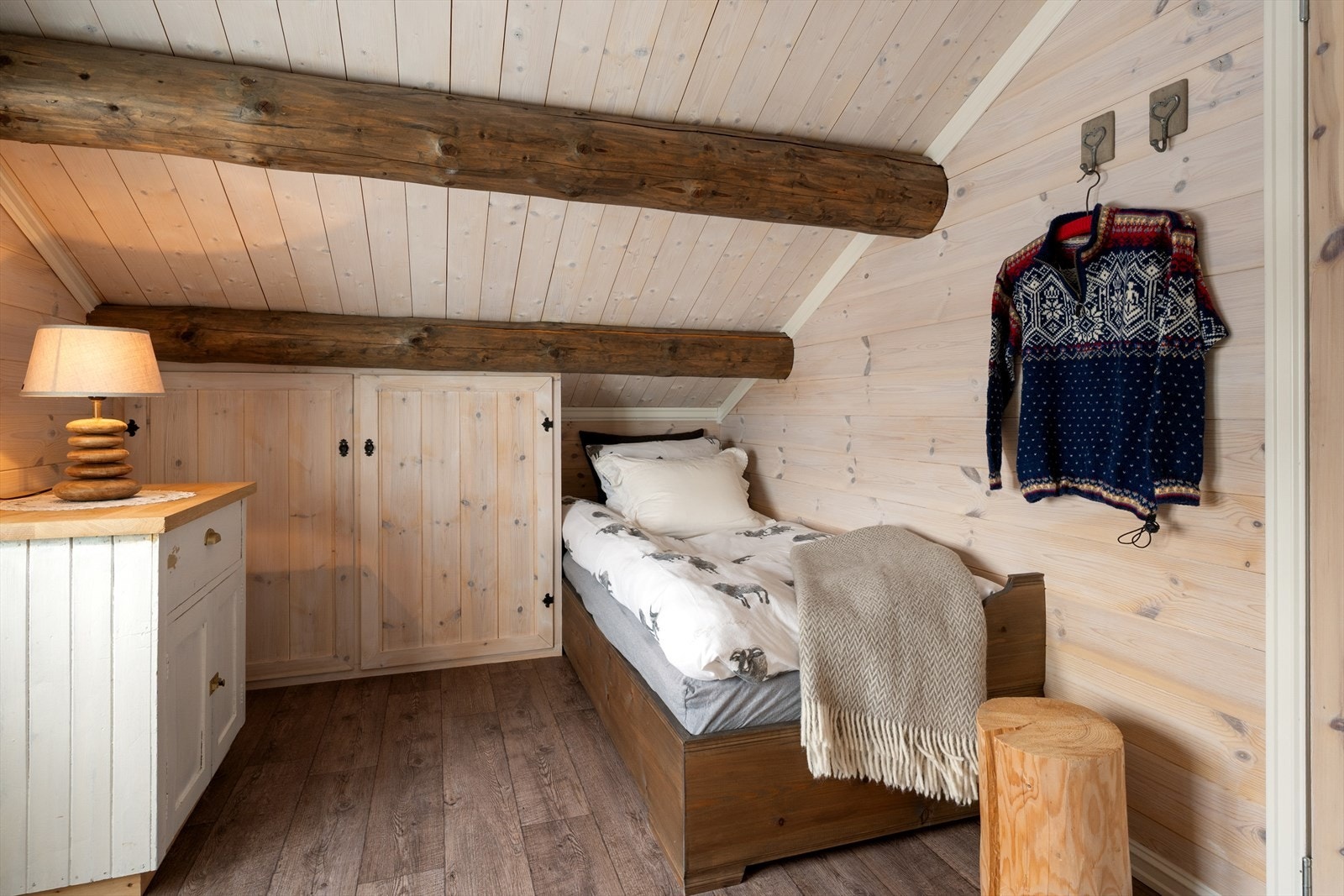 Plassbygde skap gir smart utnyttelse av plassen under skråtaket. Galleribilde