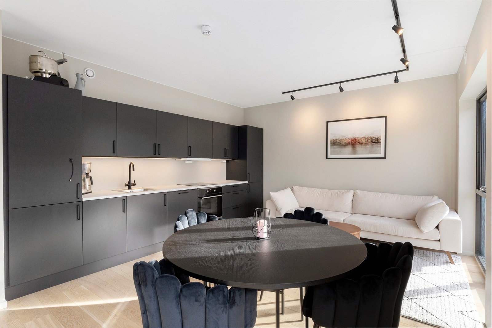 Åpen og moderne stue/kjøkkenløsning på 22,2 kvm. Galleribilde
