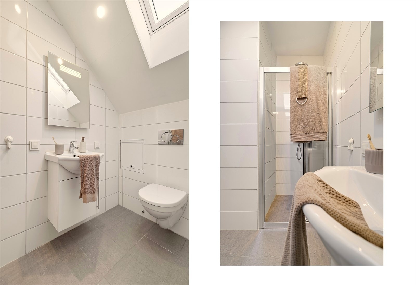 Badet var pusset opp i 2015 og inneholder følgende: Baderomsmøbel med slette fronter, heldekkende servant, speil med belysning, vegghengt toalett, fordelerskap til rør-i-rør og dusj med skyvedører i herdet glass. Galleribilde