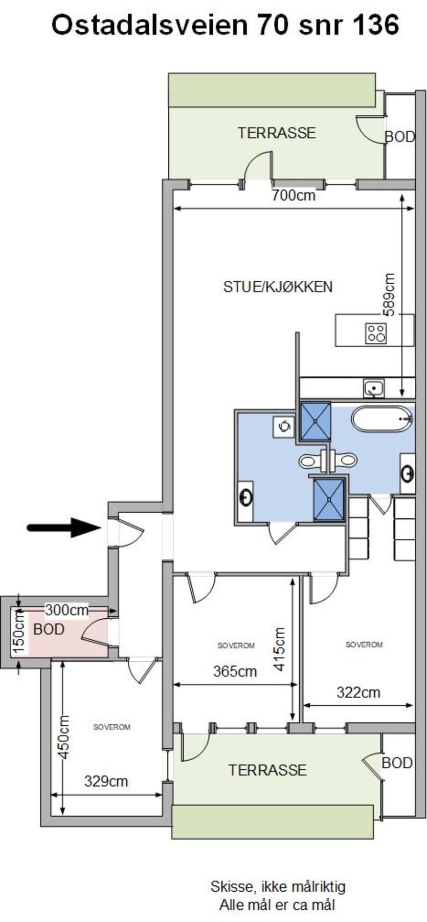 Leiligheten inneholder: Entré, 2 bad/WC, stuekjøkken, 3 soverom. Balkong og terrasse på tilsammen ca. 30 kvm. Bodplass på totalt ca. 7 kvm Galleribilde