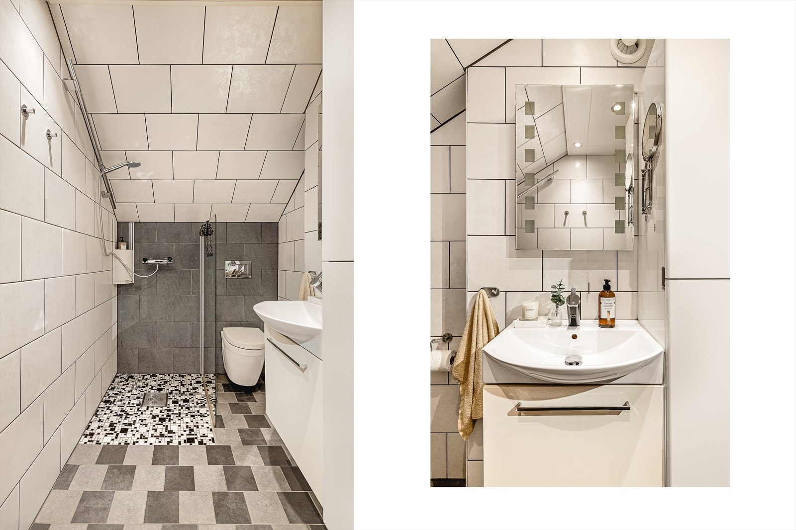 Veggene har fliser, taket har himlingsplater og gulvet er flislagt. Galleribilde