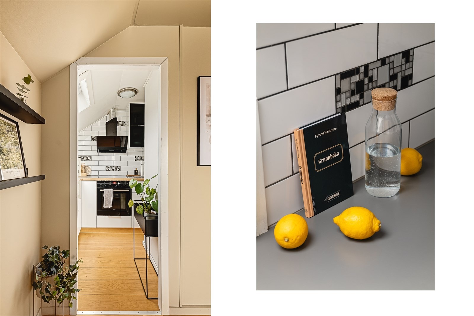 Overflatene består av glatte fronter og benkeplate av laminat. Det medfølger en liten oppvaskmaskin som kan stå oppå kjøkkenbenk, om ønskelig. Galleribilde