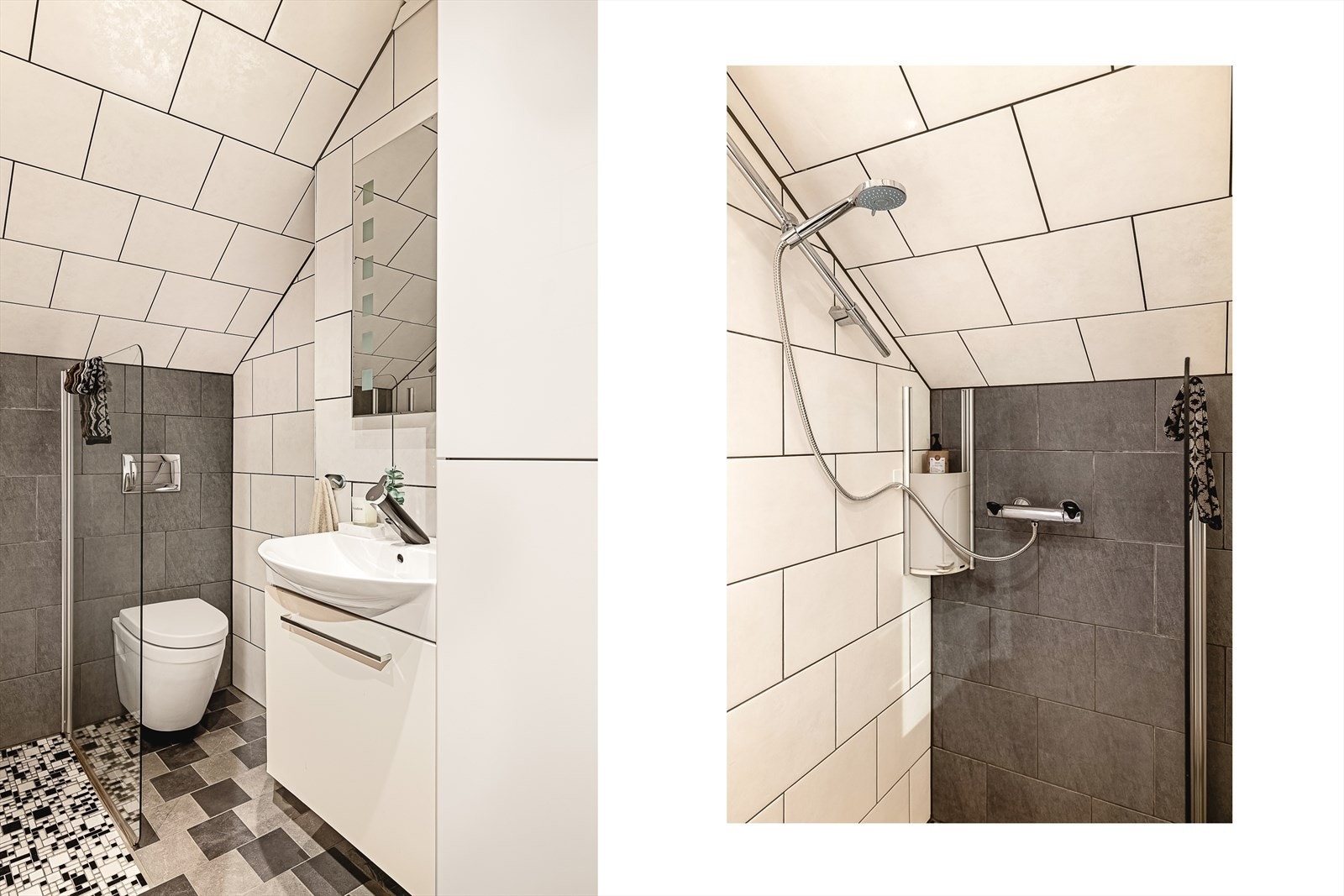 Badet måler 2,7 kvm og har varmekabler i gulv. Galleribilde