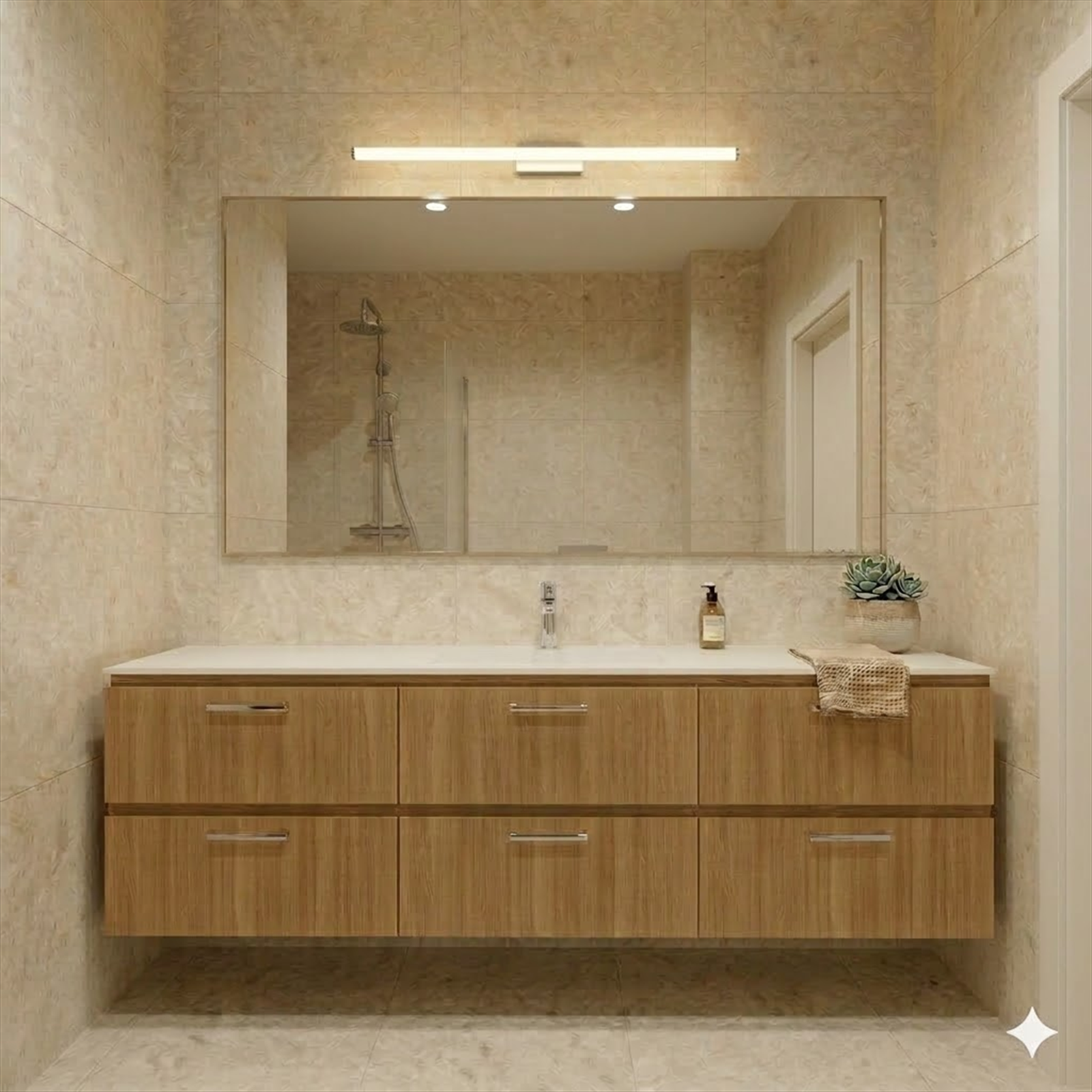 Illustrasjon som viser materialvalg og utforming av badet nede Galleribilde