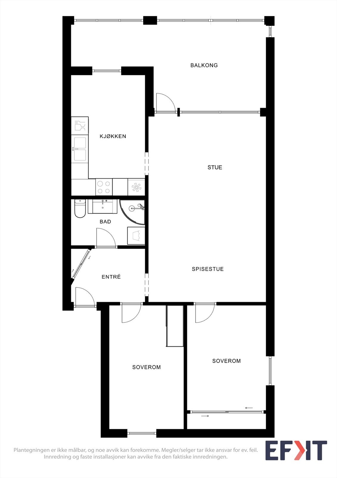Leiligheten har en arealeffektiv planløsning på 73 m² med to soverom, bad, kjøkken og en romslig stue. Galleribilde