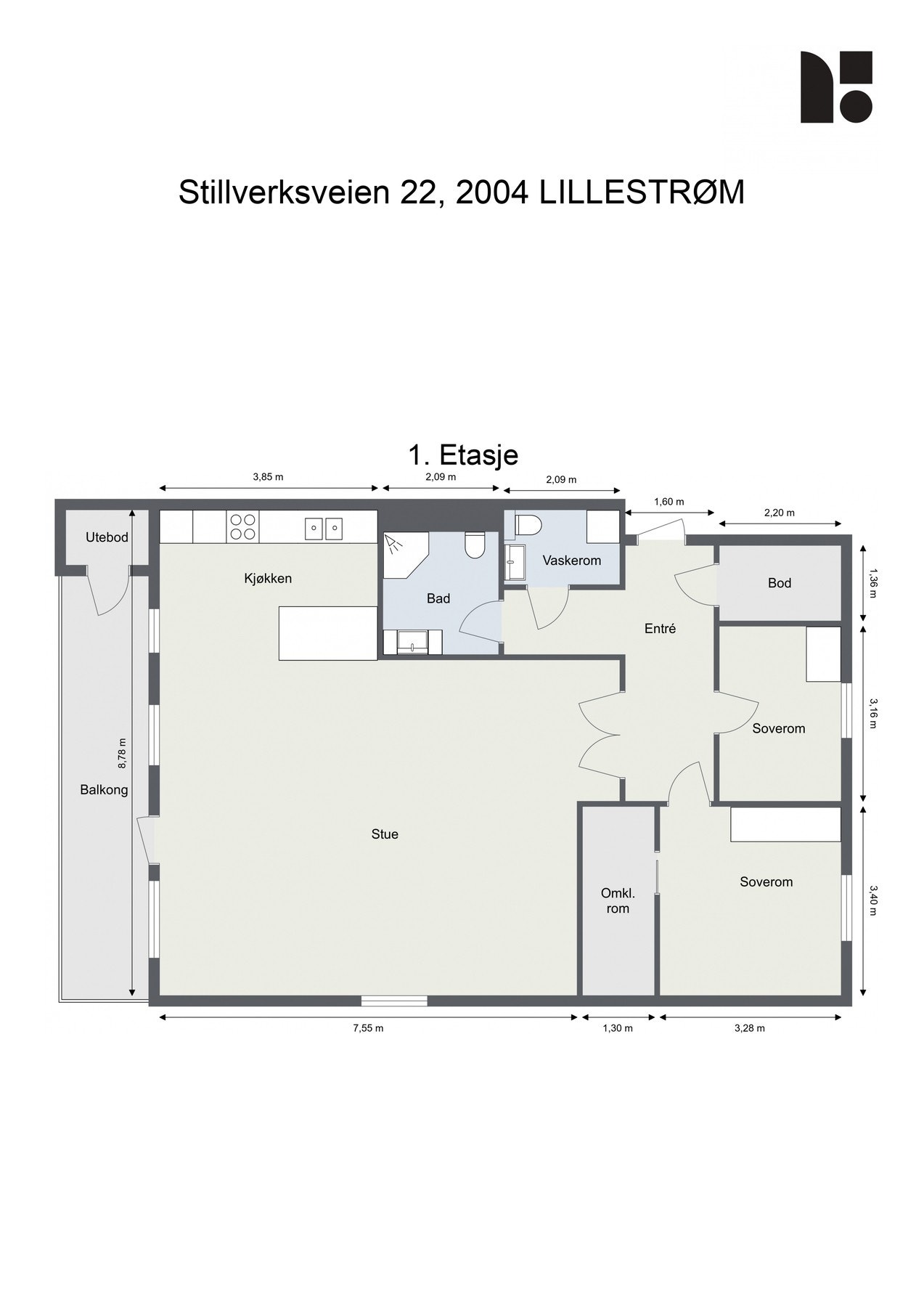 Planløsning består av: Entré, Kjøkken, Vaskerom, Bad, Stue, Omkledningsrom, To soverom og terrasse på 18kvm. BRA-i: 105kvm. Galleribilde