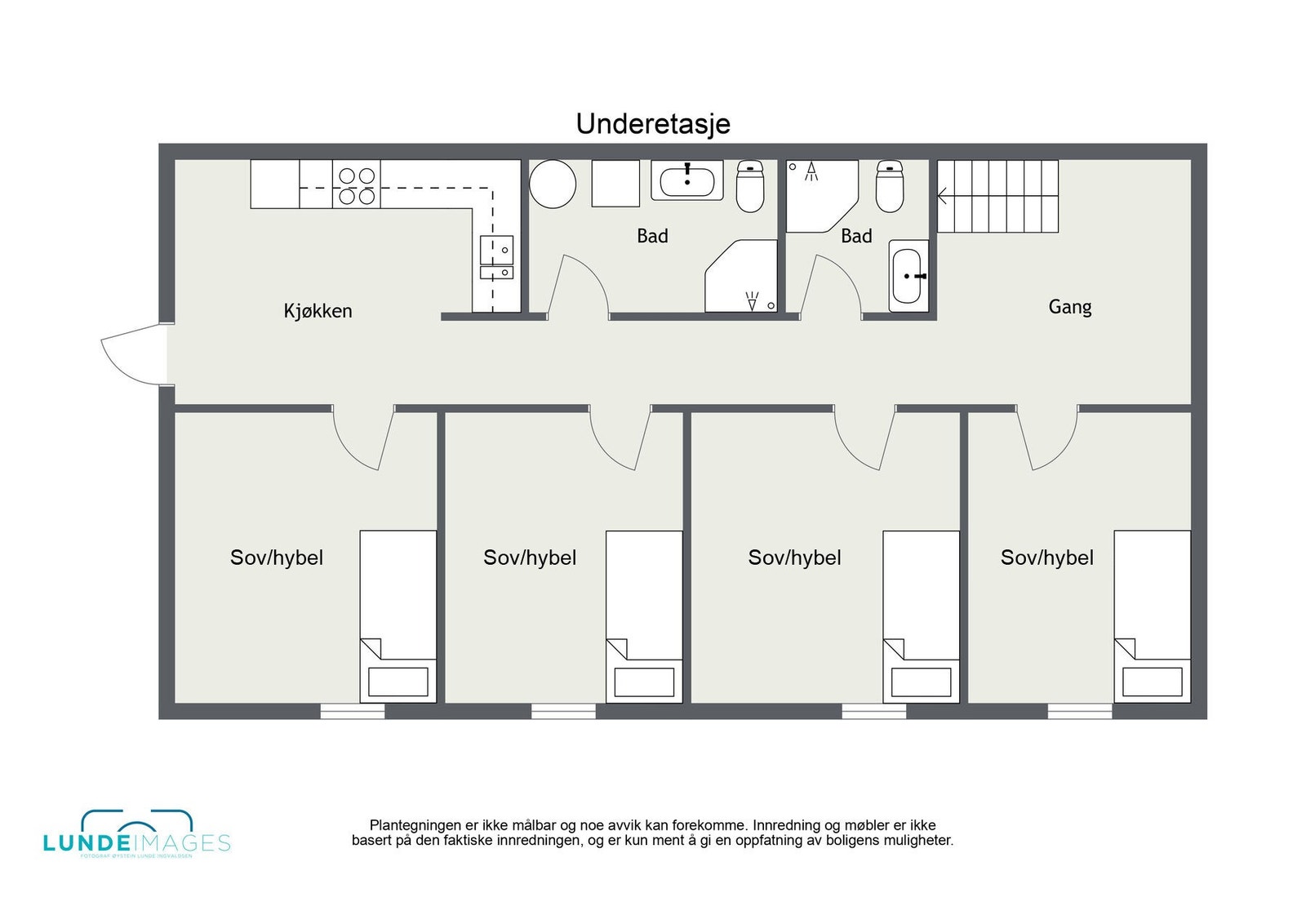Plantegning underetasje - ikke målbar - boligens underetasje har et BRA-i på 82 kvm, og er innredet med 4 hybelrom, i tillegg til kjøkken, to bad og gang. Galleribilde
